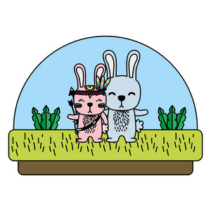彩色夫妇兔动物一起在农村矢量插图