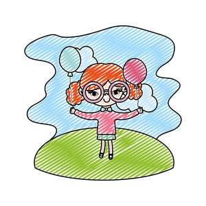涂鸦女孩带眼镜和气球在景观矢量插图。