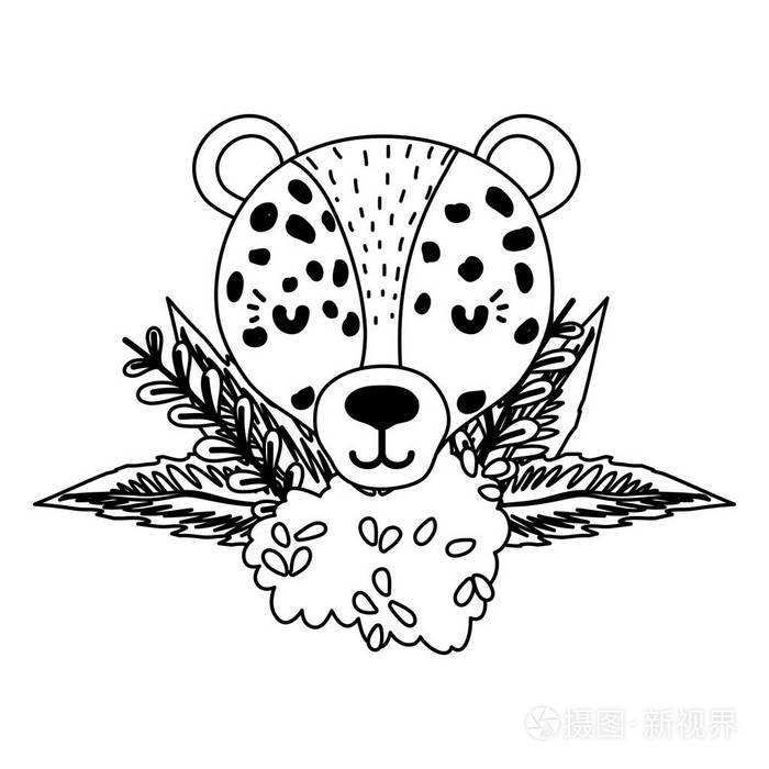 线豹头动物，灌木花卉植物矢量插图