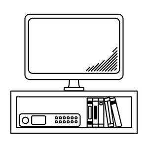 线电子电视技术在书桌与书籍矢量插图