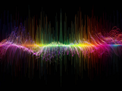 波函数系列。以声音均衡器音乐谱和量子概率为主题，由有色正弦振动光和分形元素组成的艺术抽象