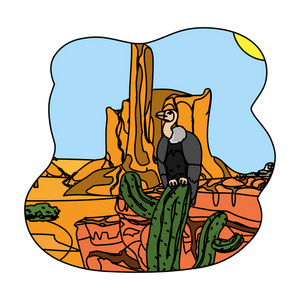 仙人掌中的彩色秃鹫和峡谷沙漠景观矢量插图