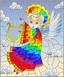 彩虹光晕彩色玻璃画插图与卡通彩虹天使演奏竖琴对阴天照片