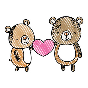 涂鸦夫妇熊，手里拿着可爱的心，矢量插图