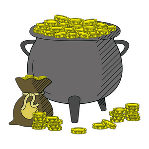 锅碗瓢盆，钱币袋，现金矢量插图
