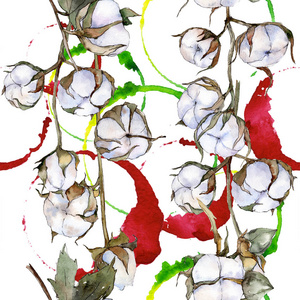白色棉花花。水彩背景插图集。无缝的背景模式