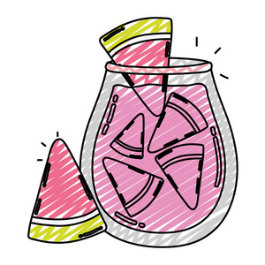 涂鸦美味的西瓜健康果汁在罐子矢量插图。