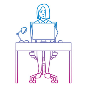 退化线专业女商人办公桌与电脑和灯矢量插图