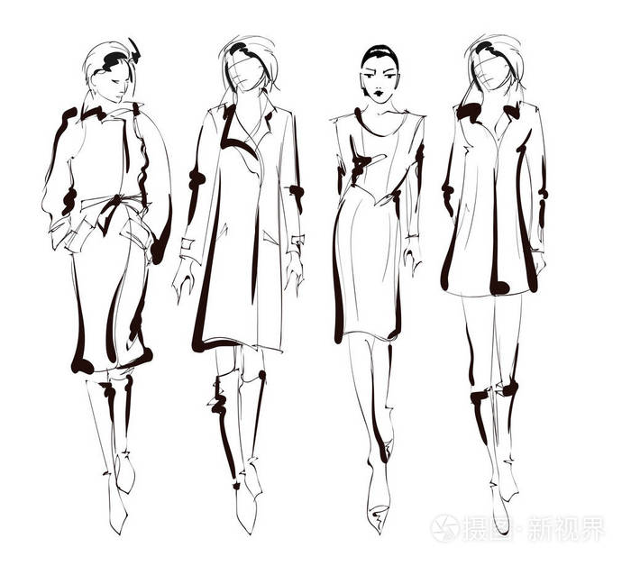 插画 时尚时尚模特. 漂亮的年轻女孩. 时尚女性素描.eps