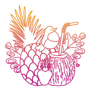 退化线热带菠萝椰子饮料和异国鸟类矢量插图
