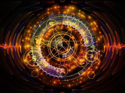 星体辉光系列。 由神圣的几何线条占星术符号和灵性魔法和神秘主义主题的灯光构成的抽象设计