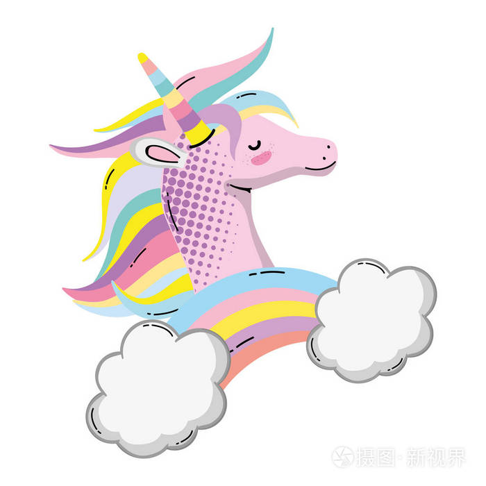 可爱的独角兽头与彩虹和云矢量插图