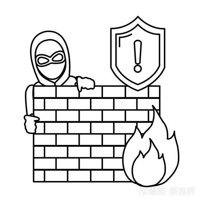 带面具的行贼在砖墙后面,防火警告矢量插图插画-正版商用图片18b6uk