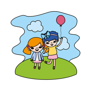 彩色女孩儿童与可爱的气球在景观矢量插图。