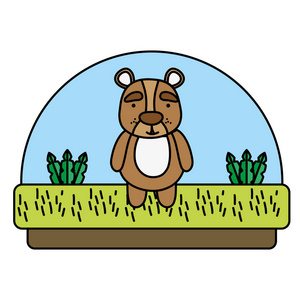 彩色可爱的熊动物在农村和植物矢量插图。