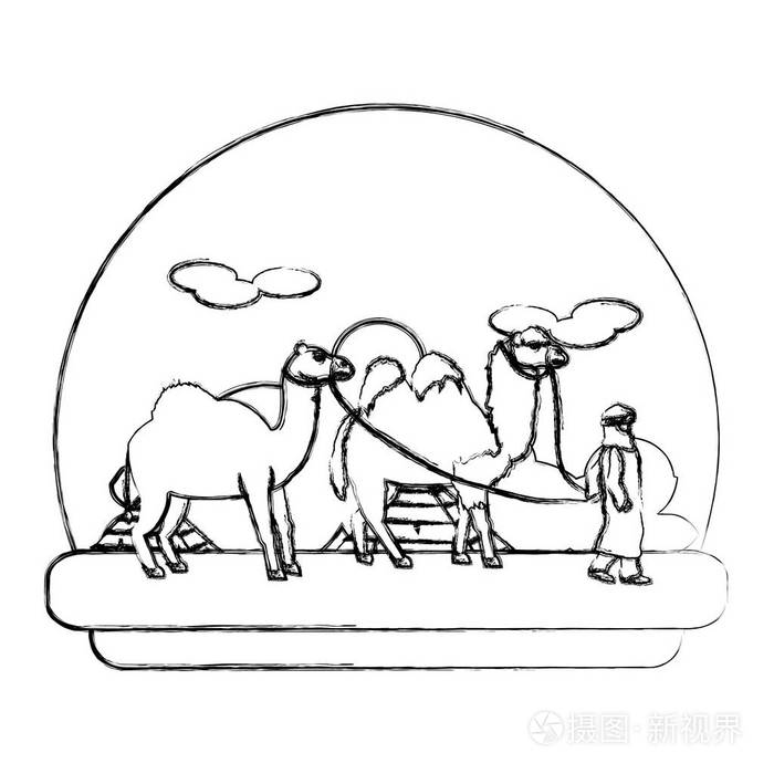 插画 在沙漠景观矢量插图中,带着罗梅达里和骆驼的格鲁格人.eps