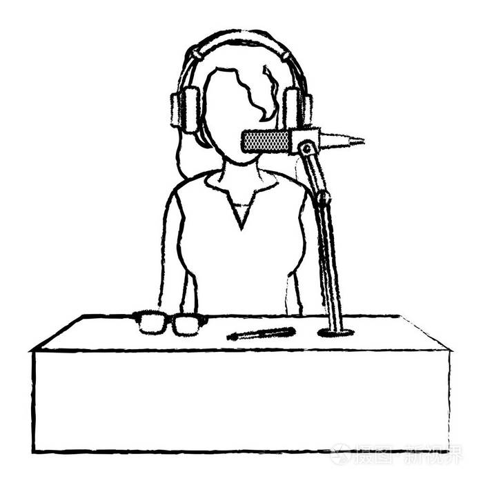 带有耳机和麦克风矢量插图的女记者新闻插画-正版商用图片18ba2m-摄图