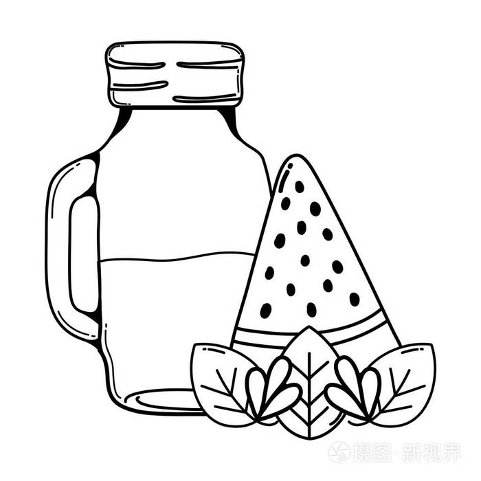 线自然西瓜汁在罐子和叶子矢量插图插画-正版商用图片18baa2-摄图新