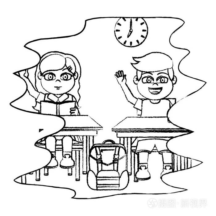 教室里的孩子们坐着木桌矢量插图插画-正版商用图片18baa8-摄图新视界