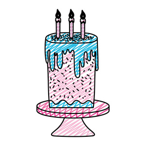 桌上有蜡烛的涂鸦甜蛋糕矢量插图
