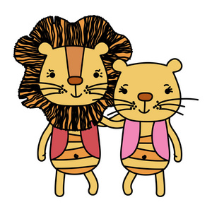 彩色夫妇狮子在一起可爱的动物矢量插图