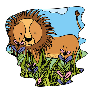 彩色可爱狮子野生动物森林矢量插图