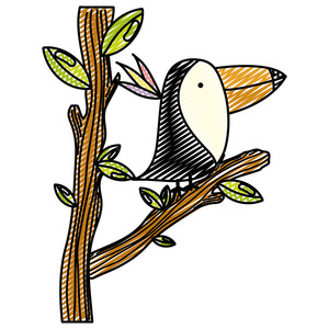 涂鸦可爱的巨嘴鸟动物在树枝上，树叶矢量插图