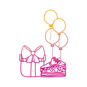 退化线礼物与蛋糕和气球生日聚会矢量插图