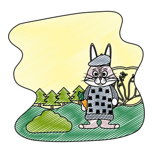 涂鸦兔动物与衣服和胡萝卜在景观矢量插图。