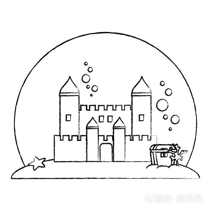 中世纪古堡,水矢状图下有棺材插画-正版商用图片18bcwh-摄图新视界