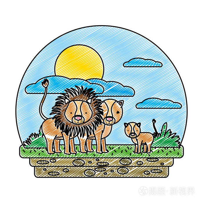 涂鸦可爱的狮子家族野生动物在景观矢量插图。