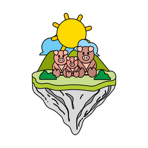 彩色家庭猪动物漂浮动物矢量插图
