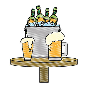 桶内啤酒瓶和白酒玻璃矢量插图图片