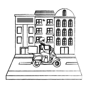 格朗格建筑和送货男子与摩托车在街道矢量插图。