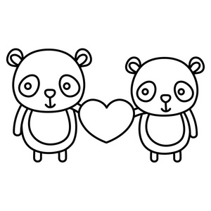 线偶熊猫与可爱的心，他们的手矢量插图