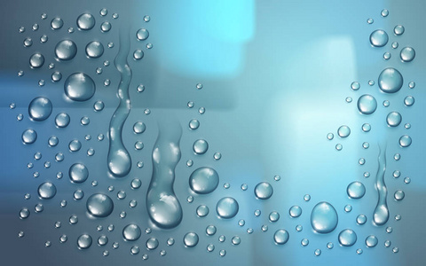 真实水滴水滴或凝结在模糊的背景以外的窗口,真实的透明三维矢量插图