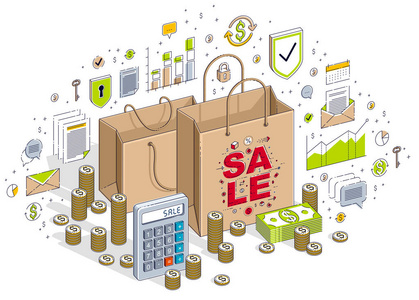 大销售概念零售销售购物袋与现金钱堆孤立在白色背景。 矢量3D等距业务插图与图标，统计图表和设计元素。