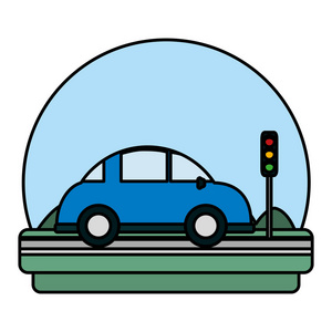 彩色汽车在道路上的运输与交通灯矢量插图
