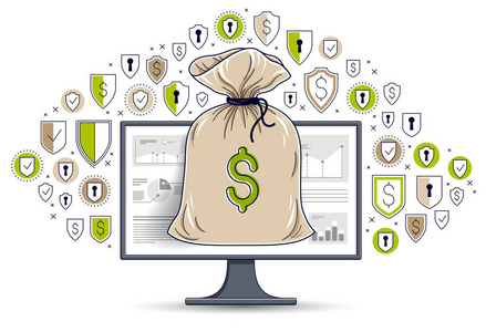 钱袋超过计算机监视器和屏蔽图标设置网上银行或簿记数据保护概念，互联网电子货币安全储蓄矢量设计。