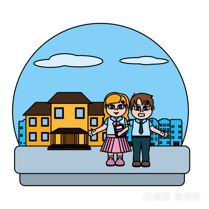 彩色女孩和男孩学生靠近漂亮的房子矢量插图.