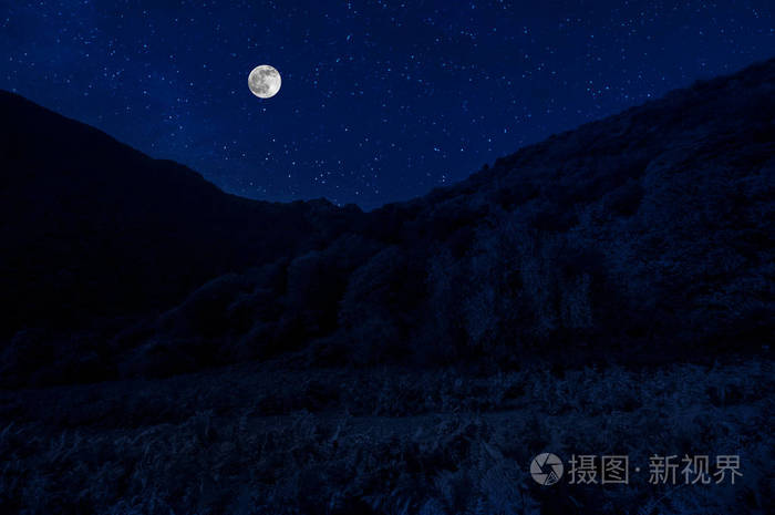 美丽的夜景与繁星点点的夜景山和森林.