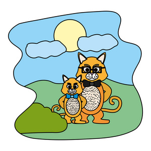 老虎景观彩色老虎动物带眼镜和他的儿子在景观矢量插图照片