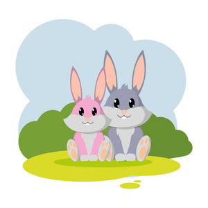 夫妻兔野生动物景观矢量插图