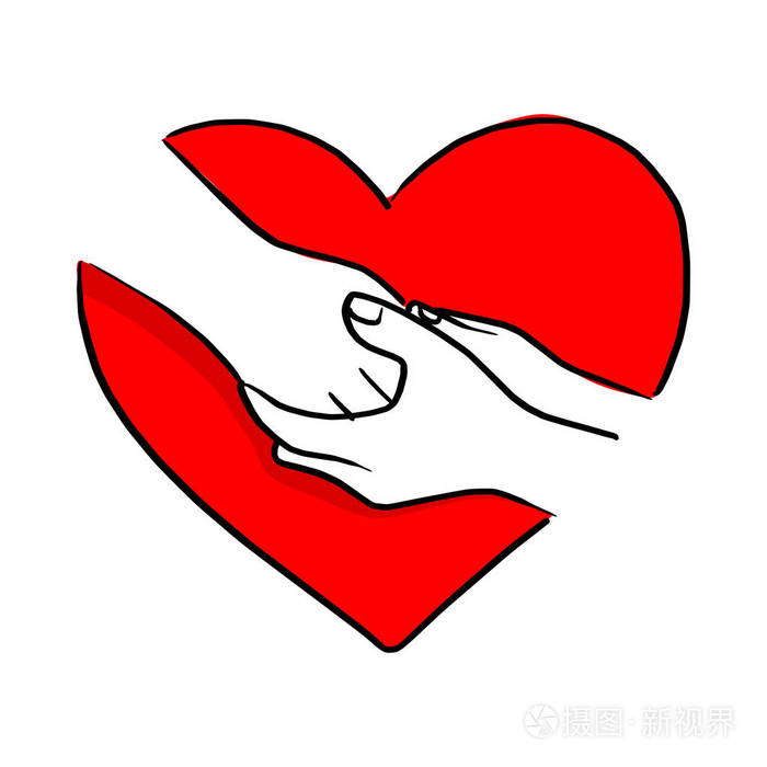 人的手互相安慰红色心形矢量插图素描涂鸦手画黑线隔离在白色背景上