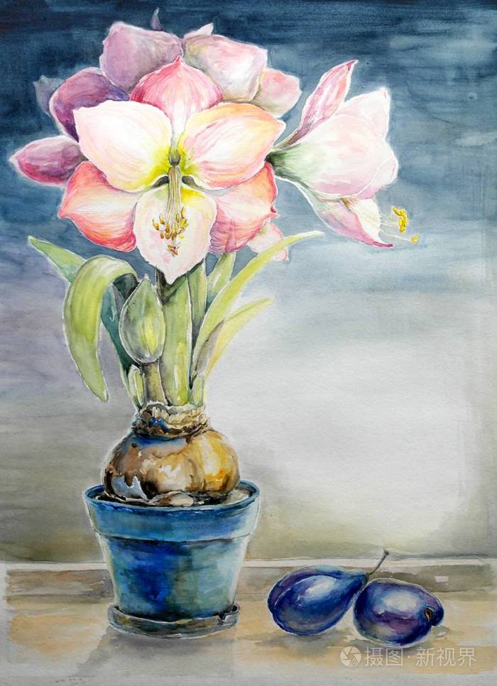水彩画仍然生活在花瓶里的花朵美术