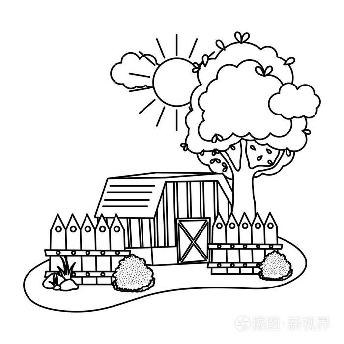 线屋农场与木架和灌木矢量插图插画-正版商用图片18blar-摄图新视界