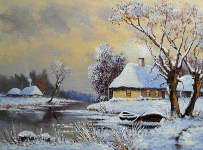 油画乡村景观。 冬季美术。