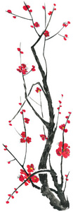 樱花盛开的枝条。 粉红色和红色的风格花梅和野生樱桃。 水彩和水墨插图的树风格相扑。 东方传统绘画。