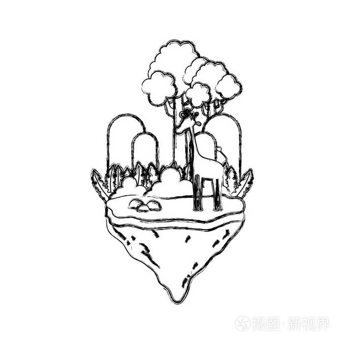 长颈鹿动物与山在浮岛矢量插图