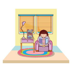 女孩坐椅和阅读书籍矢量插图图片
